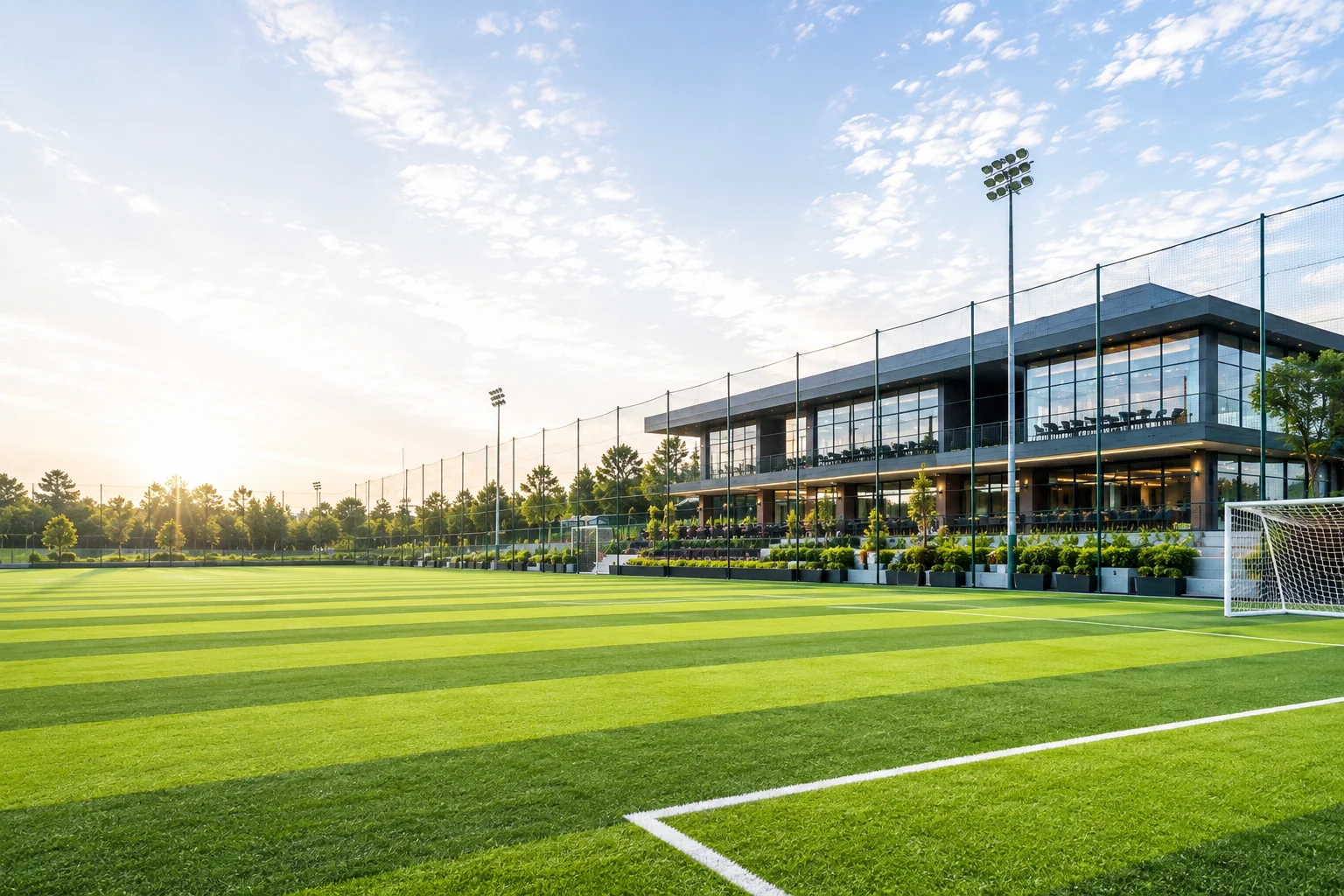A floodlit turf at sunset
